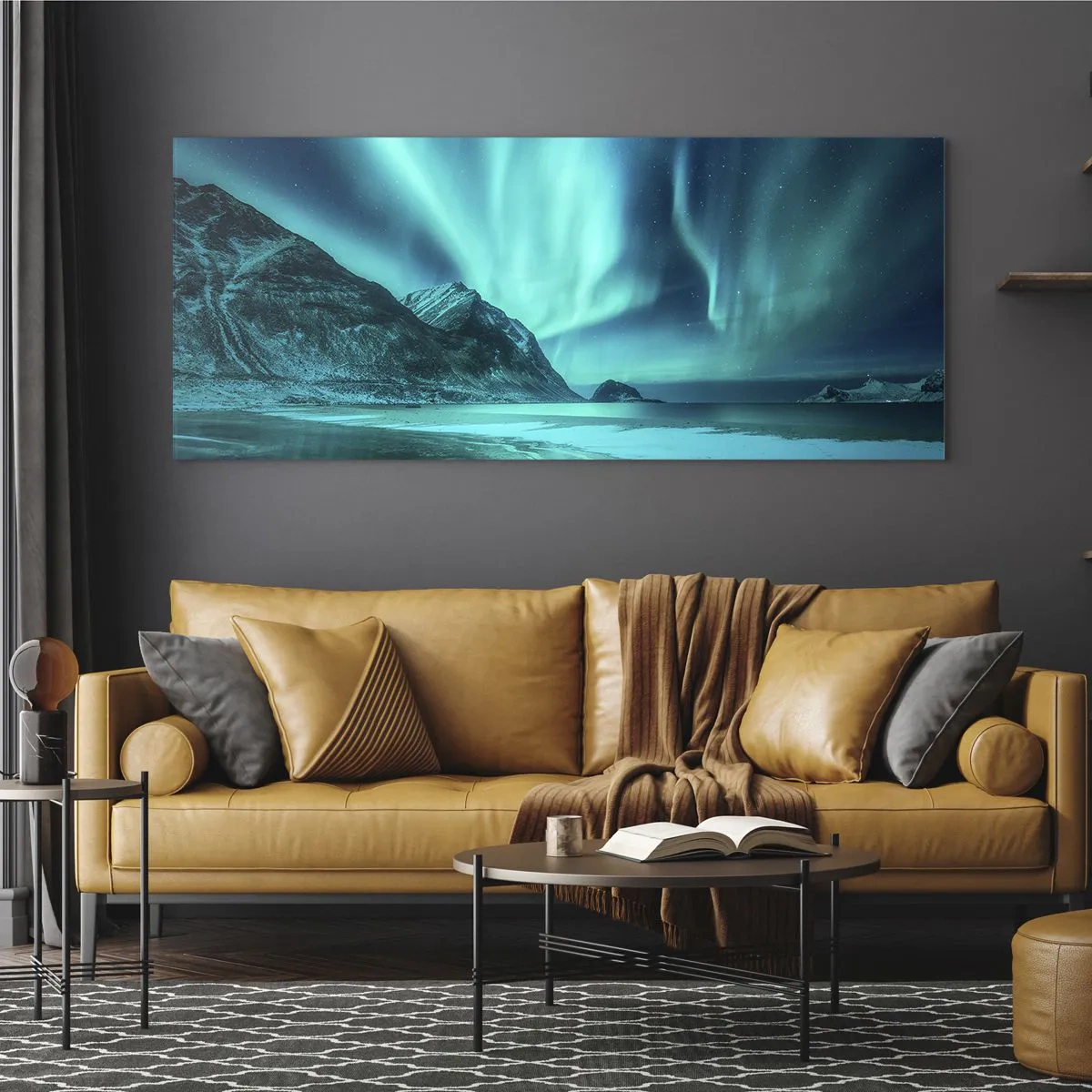 Glasbild - Bild auf glas - Aurora Borealis über einer bergigen Winterlandschaft - 120x50cm - Wunder des Nordens - Moderne Wanddekoration für Wohnzimmer und Schlafzimmer ARTTOR