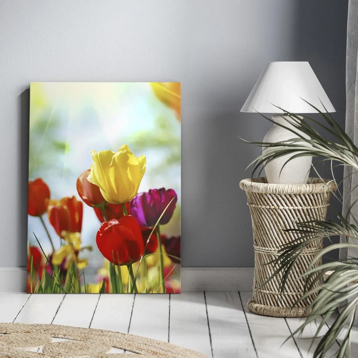 Bild auf Leinwand - Leinwandbild - Bunte Tulpen im Sonnenschein - 70x100cm - Alle Farben der Sonne - Moderne Wanddekoration für Wohnzimmer und Schlafzimmer ARTTOR