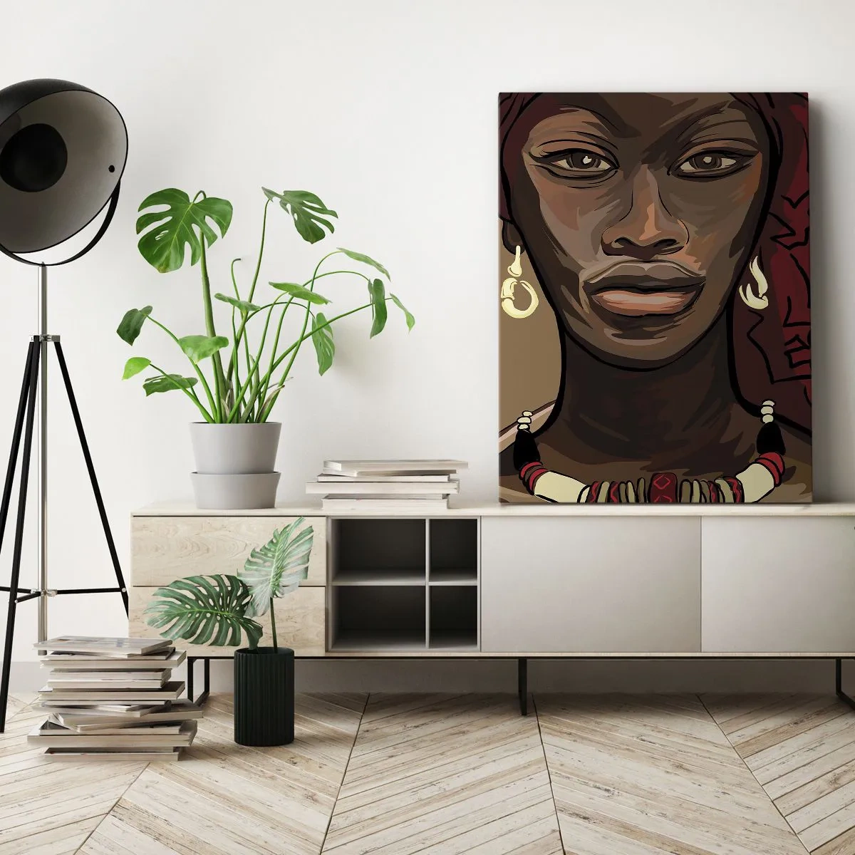 Bild auf Leinwand - Leinwandbild - Porträt einer Frau mit rotem Turban auf beigem Hintergrund - 80x120cm - Venus aus Ebenholz - Moderne Wanddekoration für Wohnzimmer und Schlafzimmer ARTTOR