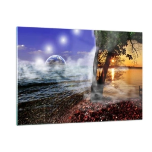Glasbild - Bild auf glas - Eine Fantasielandschaft mit Meer und einem Planeten - 120x80cm - Surreale Landschaft - Einheit der Natur - Moderne Wanddekoration für Wohnzimmer und Schlafzimmer ARTTOR