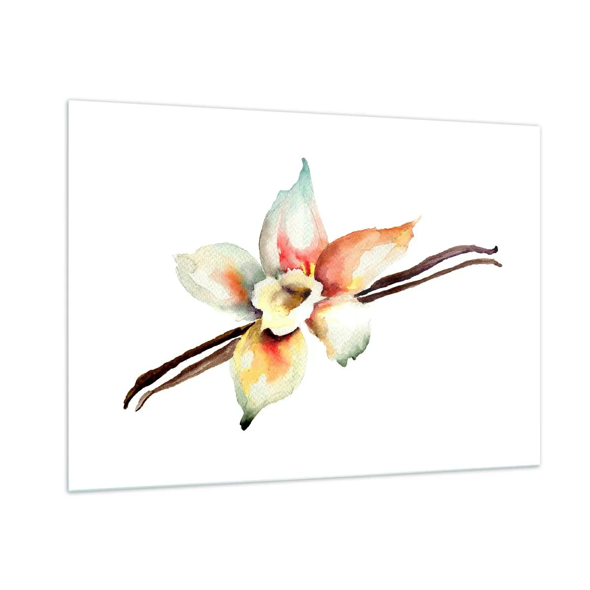 Glasbild - Bild auf glas - Aquarell-Illustration einer Vanilleblüte auf weißem Hintergrund - 100x70cm - Süße mit Farbe verschüttet - Moderne Wanddekoration für Wohnzimmer und Schlafzimmer ARTTOR