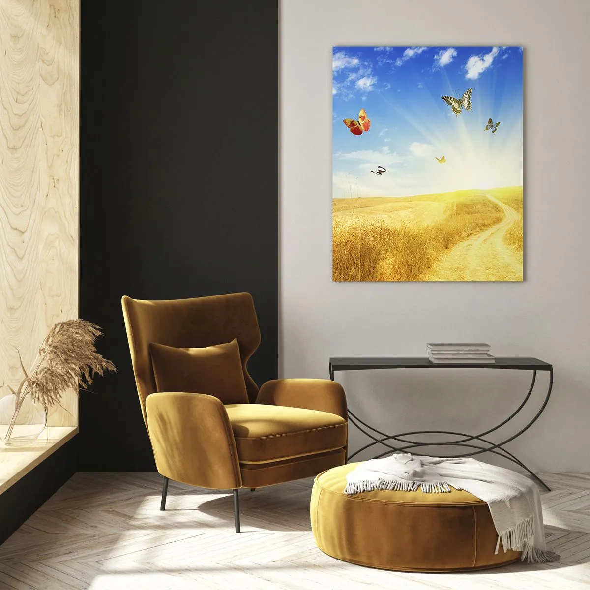 Glasbild - Bild auf glas - Ein goldenes Feld, ein Pfad und Schmetterlinge vor einem blauen Himmel - 80x120cm - Und wie kann man den Sommer nicht lieben? - Moderne Wanddekoration für Wohnzimmer und Schlafzimmer ARTTOR
