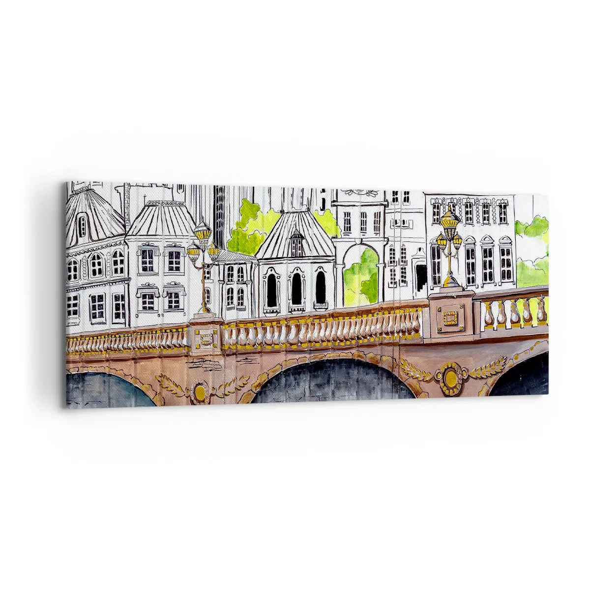 Bild auf Leinwand - Leinwandbild - Zeichnung der Brücke und historische Stadtarchitektur - 120x50cm - Die Stadt ist gemalt - Moderne Wanddekoration für Wohnzimmer und Schlafzimmer ARTTOR
