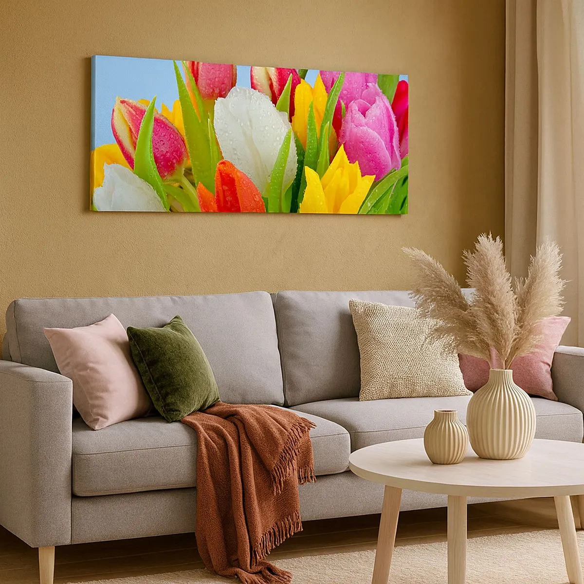 Bild auf Leinwand - Leinwandbild - Ein blumiger Regenbogen in Tautropfen - 100x40 cm
