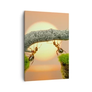 Bild auf Leinwand - Leinwandbild - Ameisen bauen vor dem Hintergrund der untergehenden Sonne eine Brücke aus Ästen. - 50x70cm - Glücklich, zusammen arbeiten - Moderne Wanddekoration für Wohnzimmer und Schlafzimmer ARTTOR