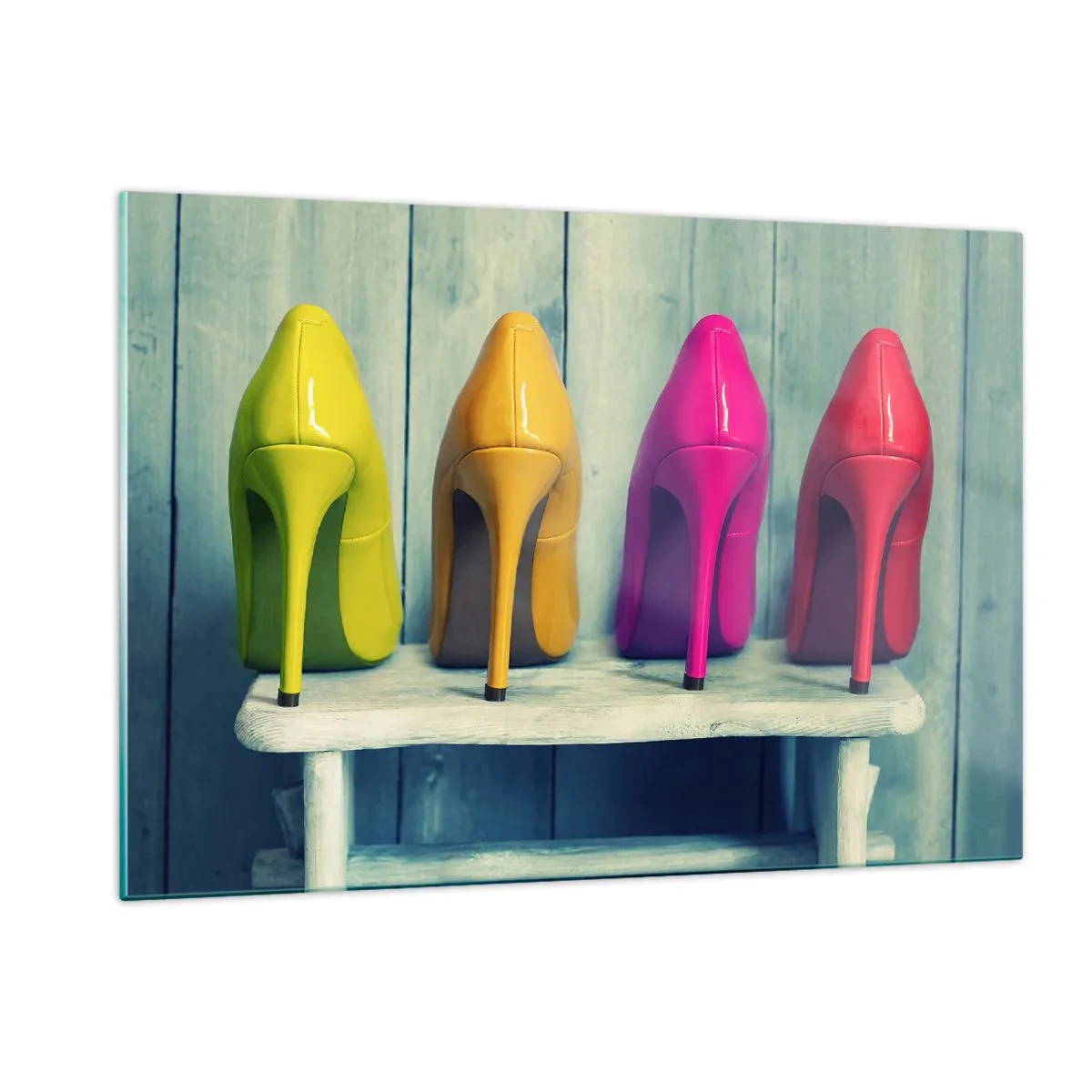 Glasbild - Bild auf glas - Vier bunte Stecknadeln auf einer Holzbank angeordnet - 120x80cm - Spazierengehen auf dem Regenbogen - Moderne Wanddekoration für Wohnzimmer und Schlafzimmer ARTTOR