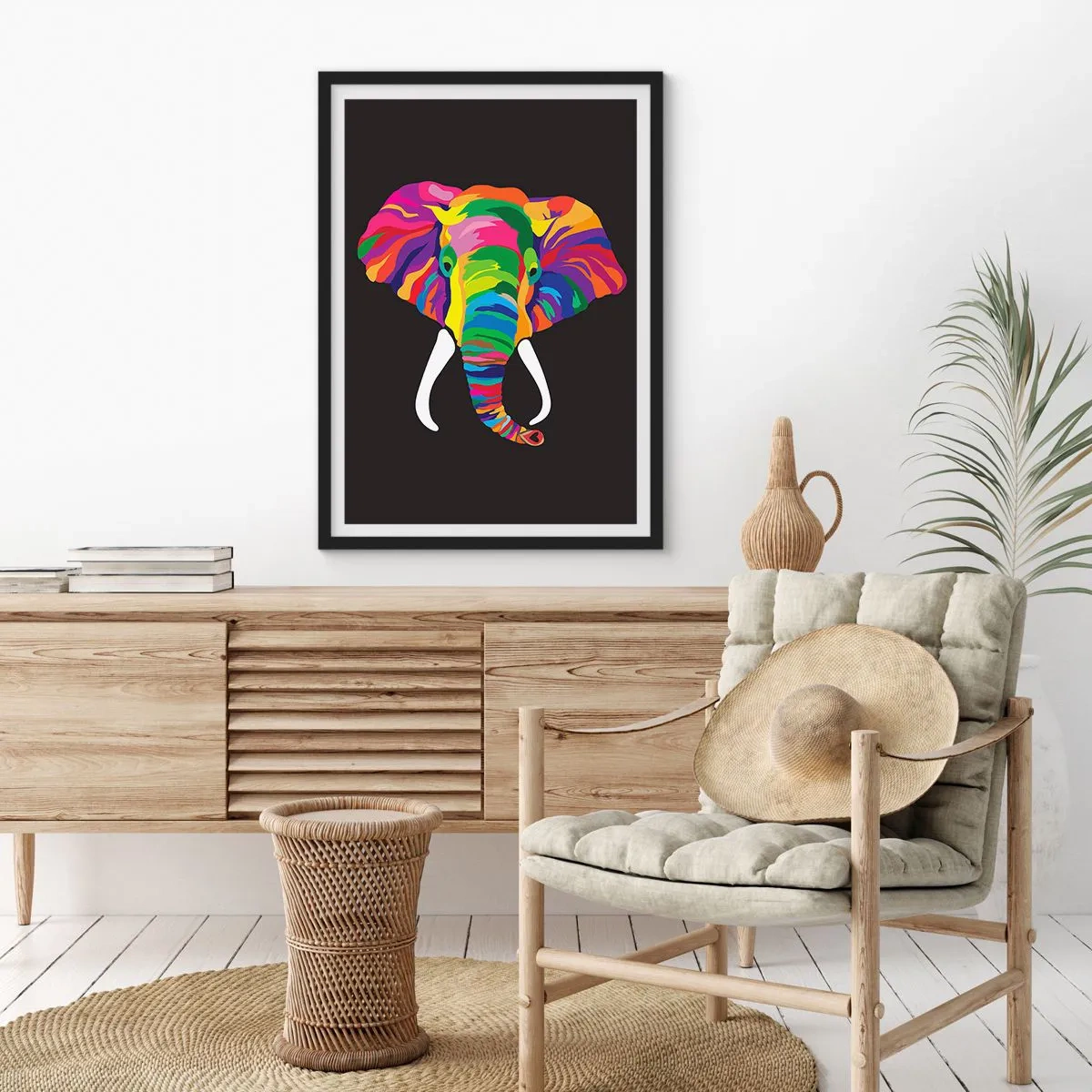 Poster in einem schwarzem Rahmen - Der Elefant, der es liebte, im Regenbogen zu baden - 40x50 cm