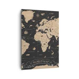 Bild auf Leinwand - Leinwandbild - Eine stilisierte Weltkarte auf schwarzem Hintergrund mit beigen Akzenten. - 70x100cm - Die Grenzen meiner Welt - Moderne Wanddekoration für Wohnzimmer und Schlafzimmer ARTTOR