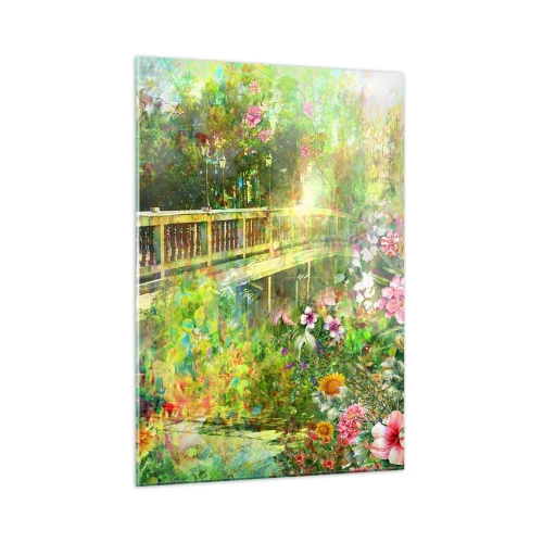 Glasbild - Bild auf glas - Eine Brücke umgeben von üppiger Vegetation und bunten Blumen - 50x70cm - Eine Brücke aus Frühlingsseufzern - Moderne Wanddekoration für Wohnzimmer und Schlafzimmer ARTTOR