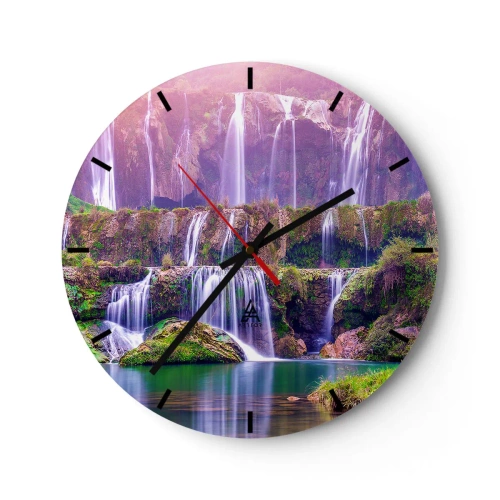 Wanduhr - Glasuhr - Ein Wasserfall, umgeben von Grün mit Lichtreflexen in einem rosa Farbton - 30x30cm - Treppe zum Himmel - Moderne Wanddekoration für Wohnzimmer, Küche und Schlafzimmer ARTTOR