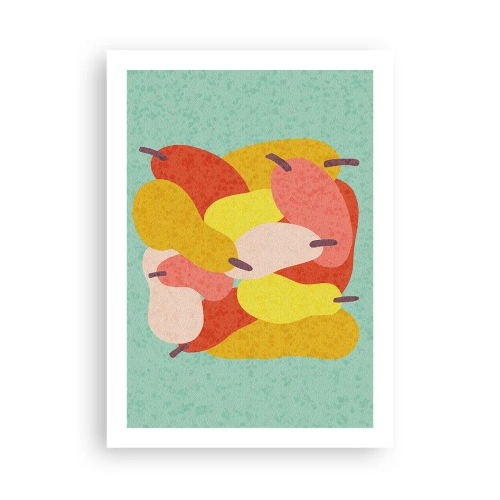 Poster - Bunte Illustration von Birnen auf türkisfarbenem Hintergrund - 50x70cm - Probieren Sie die Sommersonne - Moderne Wanddekoration für Wohnzimmer und Schlafzimmer ARTTOR