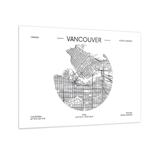 Glasbild - Bild auf glas - Schwarz-weißer Straßenplan von Vancouver - 70x50cm - Anatomie von Vacouver - Moderne Wanddekoration für Wohnzimmer und Schlafzimmer ARTTOR