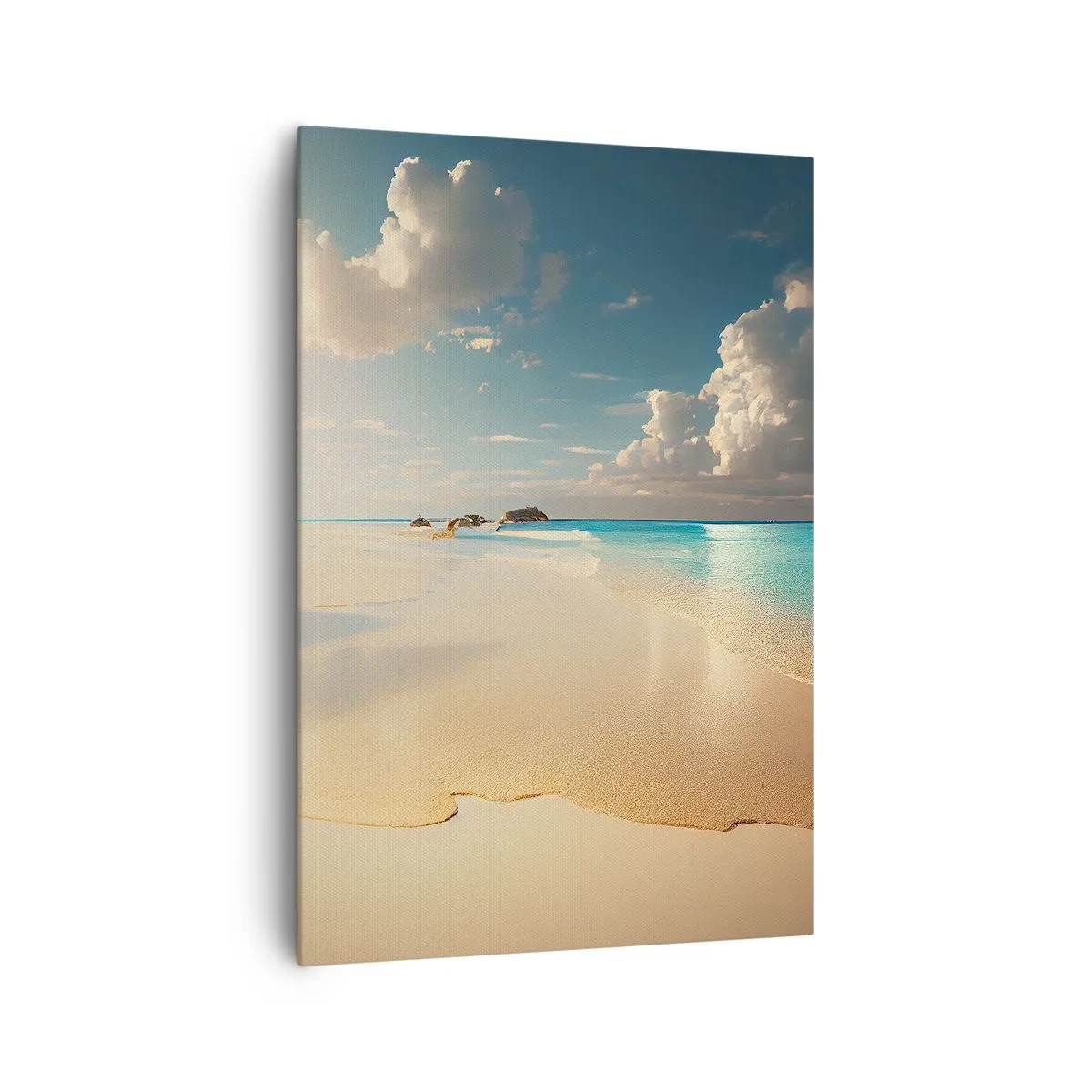 Bild auf Leinwand - Leinwandbild - Ein sonniger Strand mit blauem Meer und Felsen - 70x100cm - Erträumter Tag - Moderne Wanddekoration für Wohnzimmer und Schlafzimmer ARTTOR