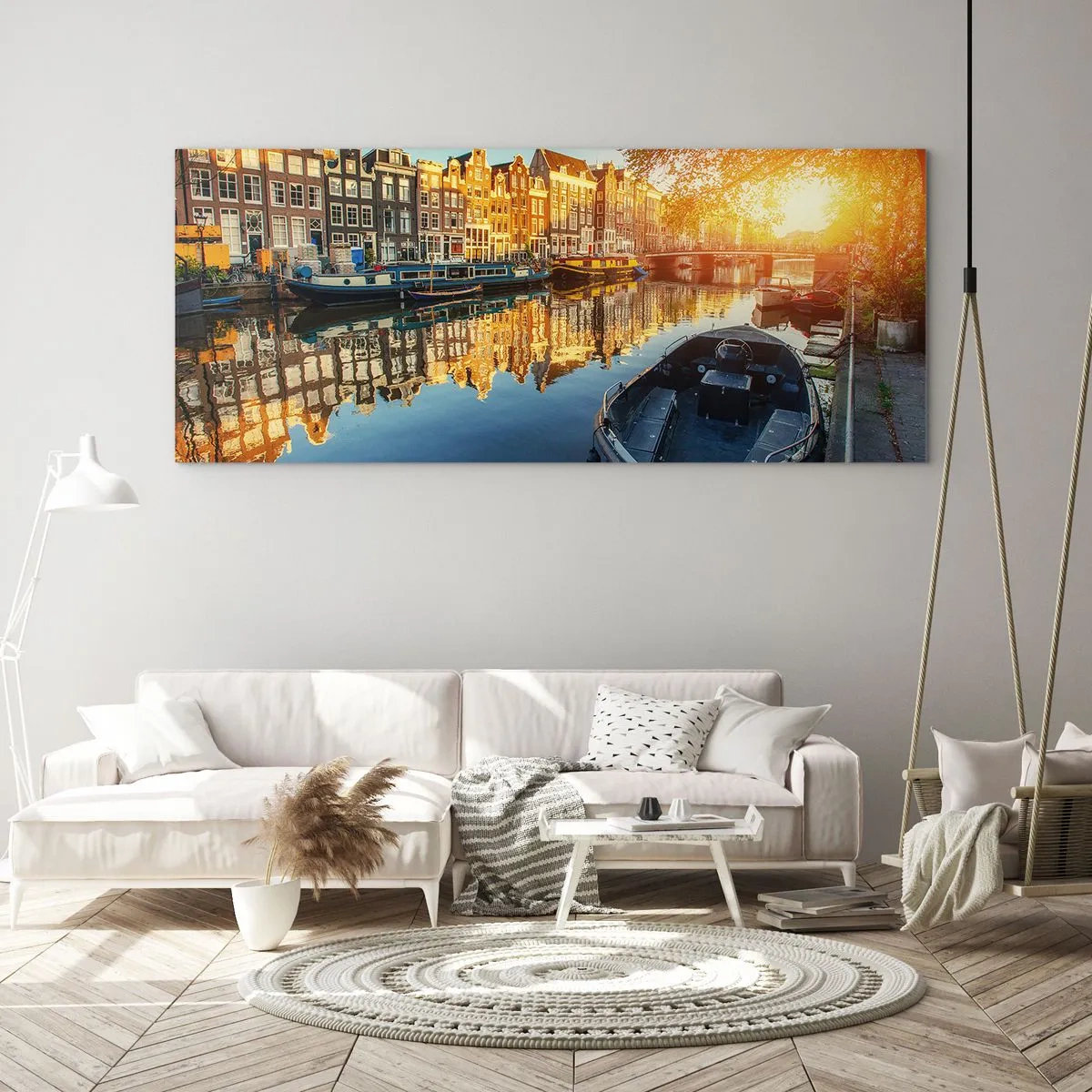 Glasbild - Bild auf glas - Amsterdamer Kanal bei Sonnenuntergang - 140x50cm - Morgen in Amsterdam - Moderne Wanddekoration für Wohnzimmer und Schlafzimmer ARTTOR