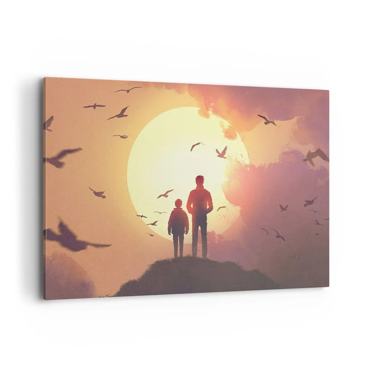 Bild auf Leinwand - Leinwandbild - Figuren vor dem Hintergrund der untergehenden Sonne - 120x80cm - Von Angesicht zu Angesicht mit der Sonne - Moderne Wanddekoration für Wohnzimmer und Schlafzimmer ARTTOR