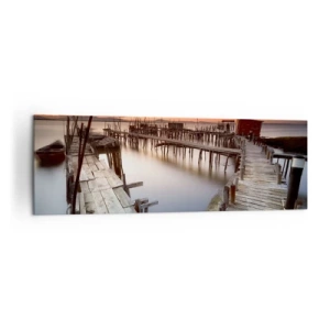 Bild auf Leinwand - Leinwandbild - Holzstege auf ruhigem Wasser bei Sonnenuntergang - 160x50cm - Authentisch, keine Touristenattrappe - Moderne Wanddekoration für Wohnzimmer und Schlafzimmer ARTTOR