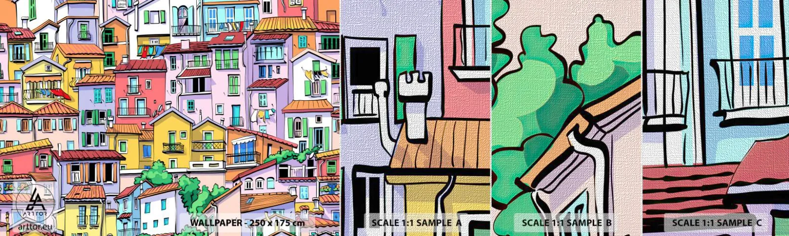 Fototapeten Muster Premium Canvas - Lustige Stadt - Stadt, Mietshäuser, Häuser - 100x30 cm