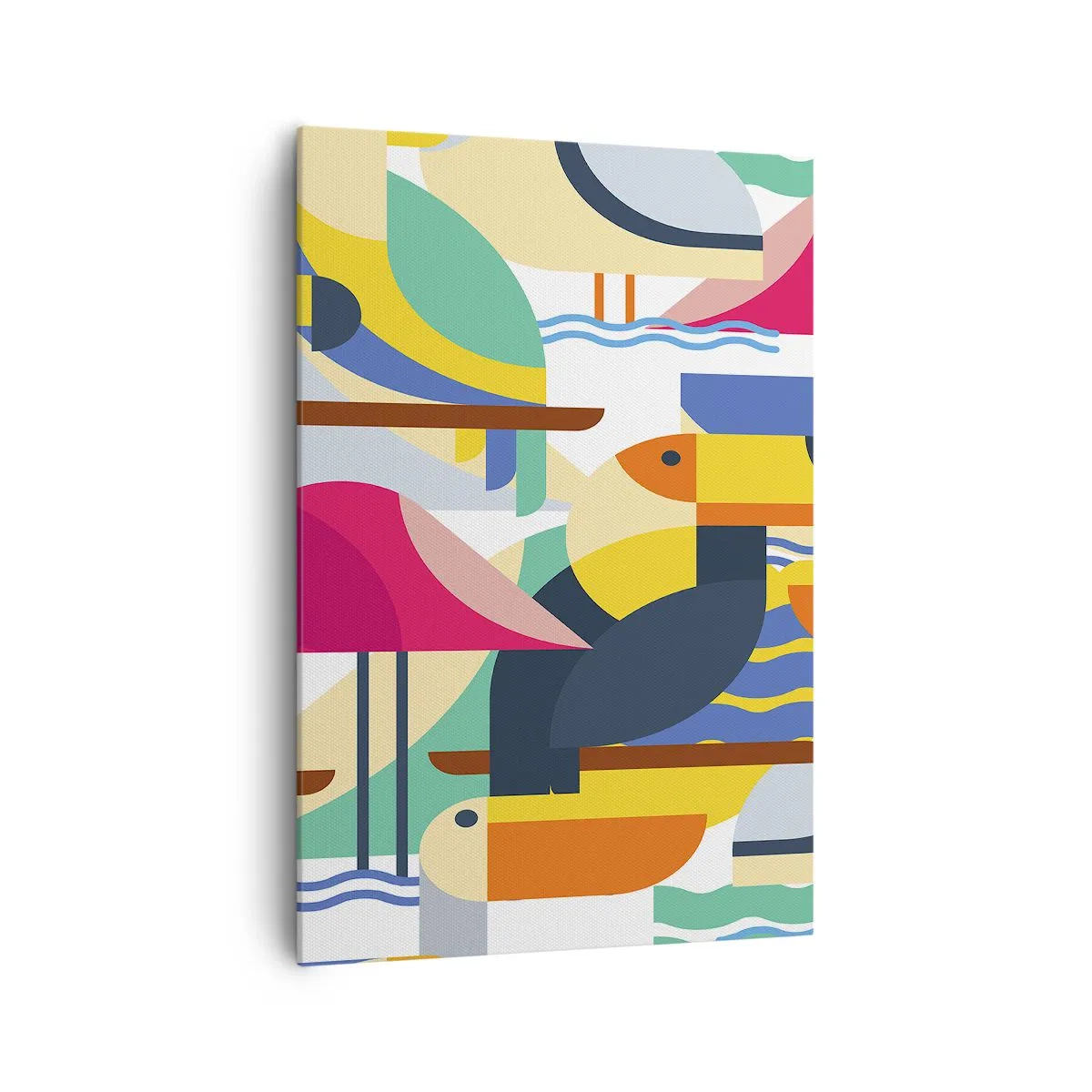 Bild auf Leinwand - Leinwandbild - Bunte Vögel in einer abstrakten, geometrischen Komposition - 70x100cm - Vogelparty - Moderne Wanddekoration für Wohnzimmer und Schlafzimmer ARTTOR