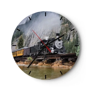 Wanduhr - Glasuhr - Eine Dampflokomotive auf einer Brücke in einer Berglandschaft über einem Fluss - 30x30cm - Wo willst du hin? Wohin? - Moderne Wanddekoration für Wohnzimmer, Küche und Schlafzimmer ARTTOR