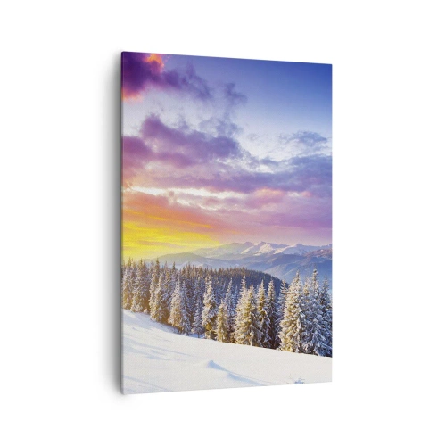 Bild auf Leinwand - Leinwandbild - Winterlandschaft mit Bergen und Wald bei Sonnenuntergang - 70x100cm - Am helllichten Tag - Moderne Wanddekoration für Wohnzimmer und Schlafzimmer ARTTOR