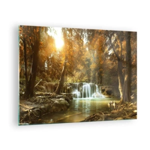 Glasbild - Bild auf glas - Ein Wasserfall in einem Park, umgeben von Bäumen in Herbstfarben - 70x50cm - Parkkaskade - Moderne Wanddekoration für Wohnzimmer und Schlafzimmer ARTTOR