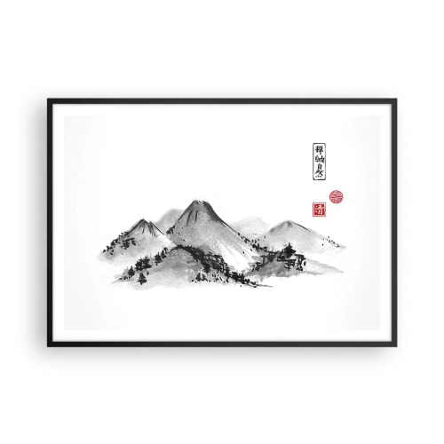 Poster in einem schwarzem Rahmen - Traditionelle Berglandschaft im Stil der japanischen Tuschemalerei - 100x70cm - Unendliche Fernen - Moderne Wanddekoration für Wohnzimmer und Schlafzimmer ARTTOR