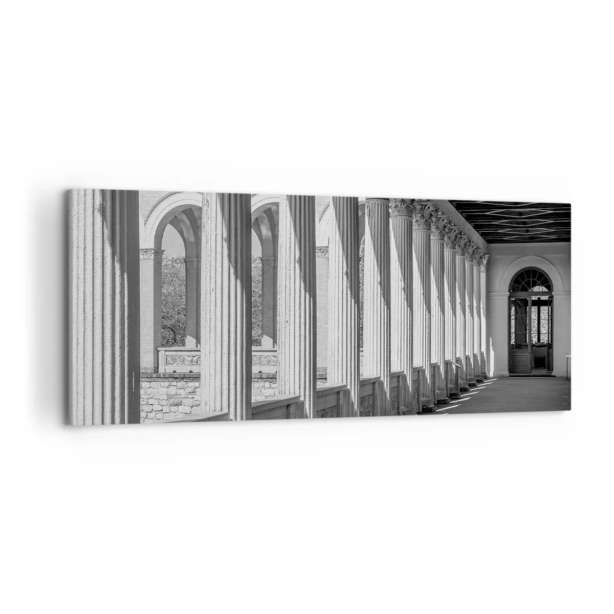 Bild auf Leinwand - Leinwandbild - Kolonnade im klassischen Stil in Schwarz und Weiß - 120x50cm - Sonnige Arkade - Moderne Wanddekoration für Wohnzimmer und Schlafzimmer ARTTOR