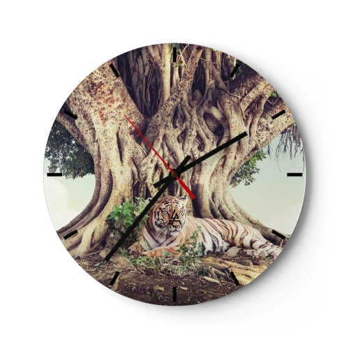 Wanduhr - Glasuhr - Ein Tiger liegt am Fuße eines mächtigen Baumes - 30x30cm - Blick aus dem Buch Genesis - Moderne Wanddekoration für Wohnzimmer, Küche und Schlafzimmer ARTTOR
