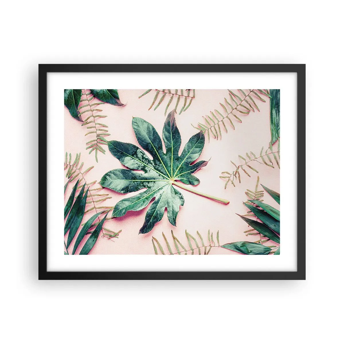 Poster in einem schwarzem Rahmen - Eine Studie von Grün auf einem rosa Hintergrund - 50x40 cm