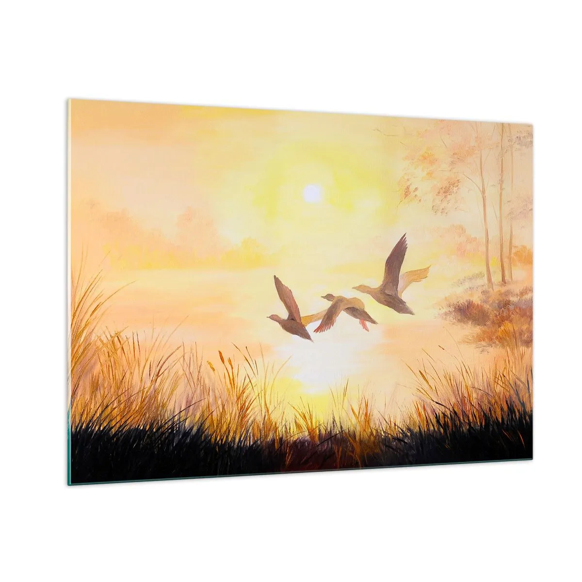 Glasbild - Bild auf glas - Drei Enten fliegen bei Sonnenaufgang über einen See - 100x70cm - Der Beginn einer langen Reise - Moderne Wanddekoration für Wohnzimmer und Schlafzimmer ARTTOR
