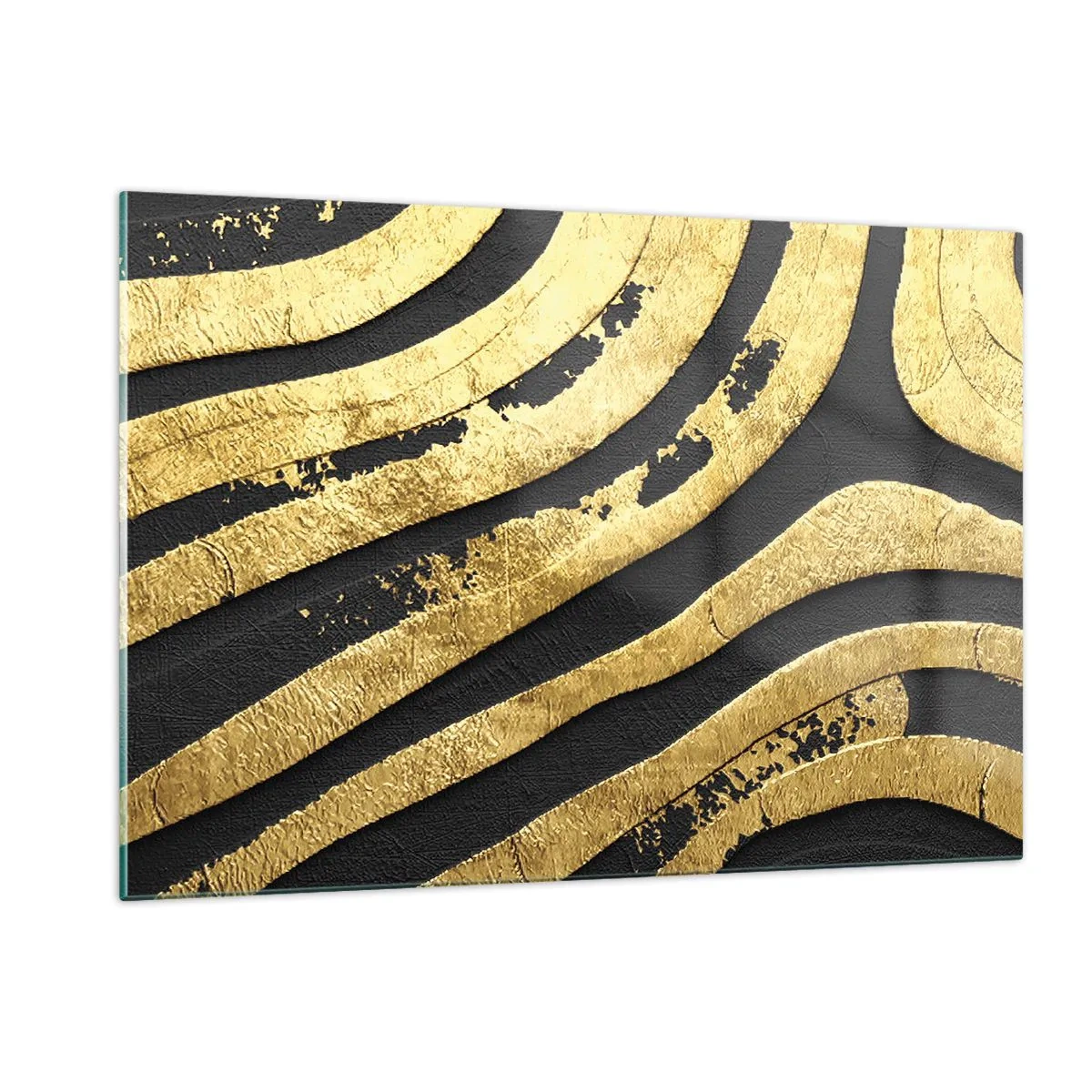 Glasbild - Bild auf glas - Goldene abstrakte Linien auf schwarzem Hintergrund im glamourösen Stil - 120x80cm - Alles fließt - Moderne Wanddekoration für Wohnzimmer und Schlafzimmer ARTTOR