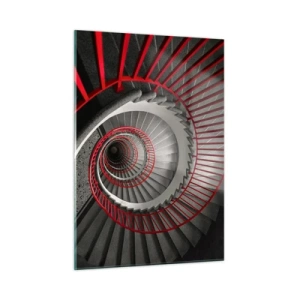Glasbild - Bild auf glas - Wendeltreppe mit roten Handläufen in der Perspektive - 50x70cm - Architekturspaß - Moderne Wanddekoration für Wohnzimmer und Schlafzimmer ARTTOR