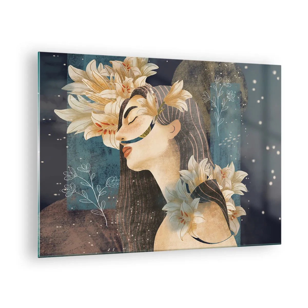 Glasbild - Bild auf glas - Eine weibliche Figur mit Lilien im Märchenstil - 70x50cm - Ein Märchen über eine Prinzessin mit Lilien - Moderne Wanddekoration für Wohnzimmer und Schlafzimmer ARTTOR
