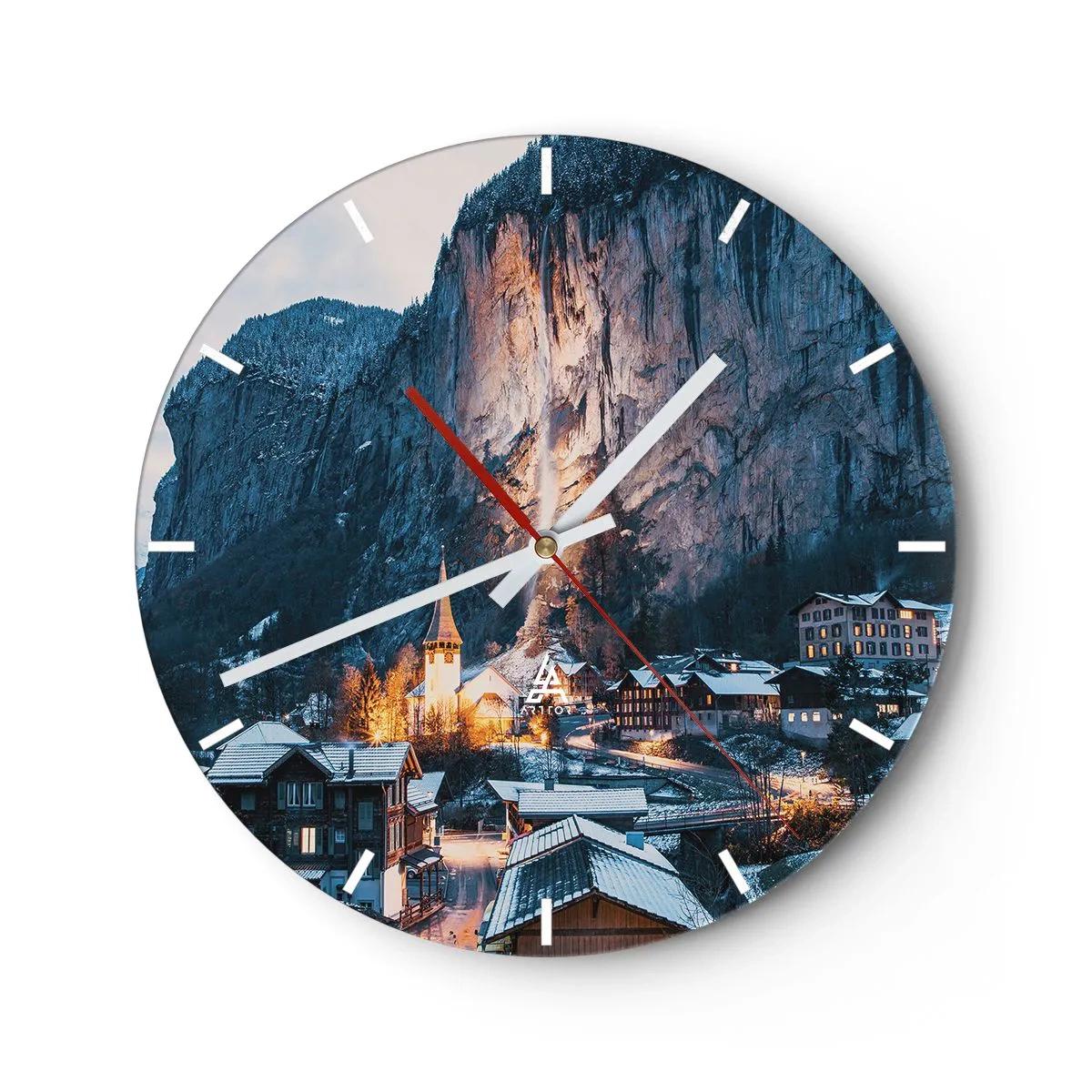 Wanduhr - Glasuhr - Ein malerisches Dorf am Fuße schneebedeckter Berge, beleuchtet von warmem Licht - 30x30cm - Der leuchtende Geist des Winters - Moderne Wanddekoration für Wohnzimmer, Küche und Schlafzimmer ARTTOR