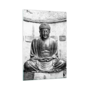 Glasbild - Bild auf glas - Schwarz-weiße Buddha-Statue in meditativer Pose - 80x120cm - An der Quelle des Friedens - Moderne Wanddekoration für Wohnzimmer und Schlafzimmer ARTTOR