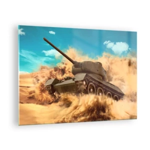 Glasbild - Bild auf glas - Ein Panzer in Bewegung in einer Wüste mit Staubwolken und strahlendem Himmel - 70x50cm - Nicht zu besiegen - Moderne Wanddekoration für Wohnzimmer und Schlafzimmer ARTTOR