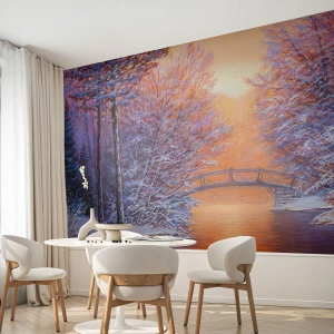 Fototapete Premium Sand - Winterlandschaft mit einer Brücke bei Sonnenuntergang - 100x70cm - Treffen wir uns hier - Moderne Wanddekoration für Wohnzimmer und Schlafzimmer ARTTOR