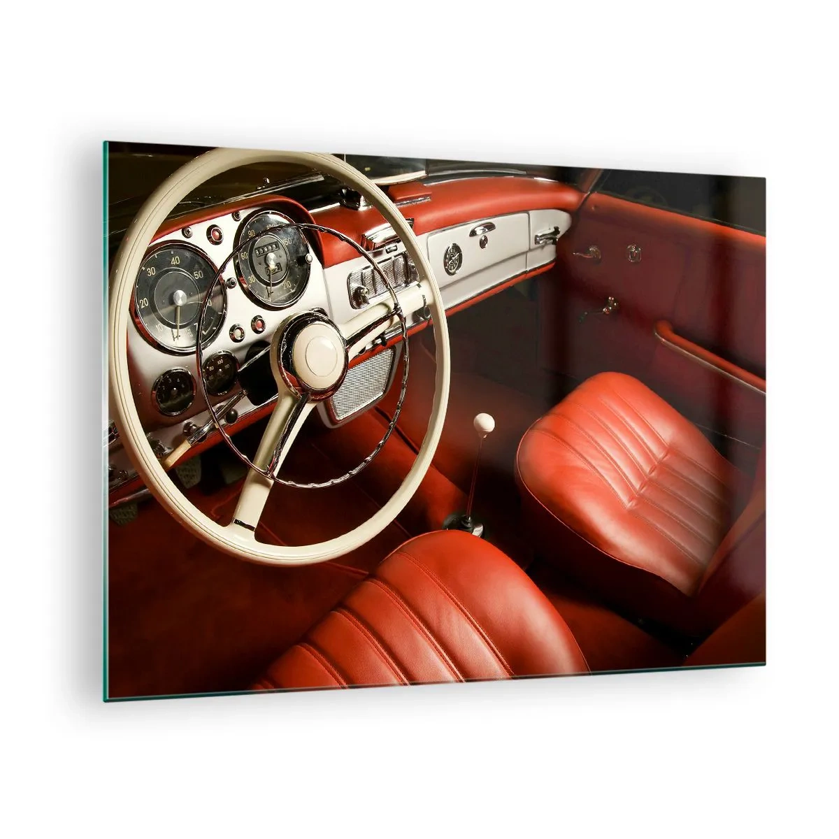 Glasbild - Bild auf glas - Oldtimer-Innenraum mit roten Sitzen - 70x50cm - Luxus im Vintagestil - Moderne Wanddekoration für Wohnzimmer und Schlafzimmer ARTTOR