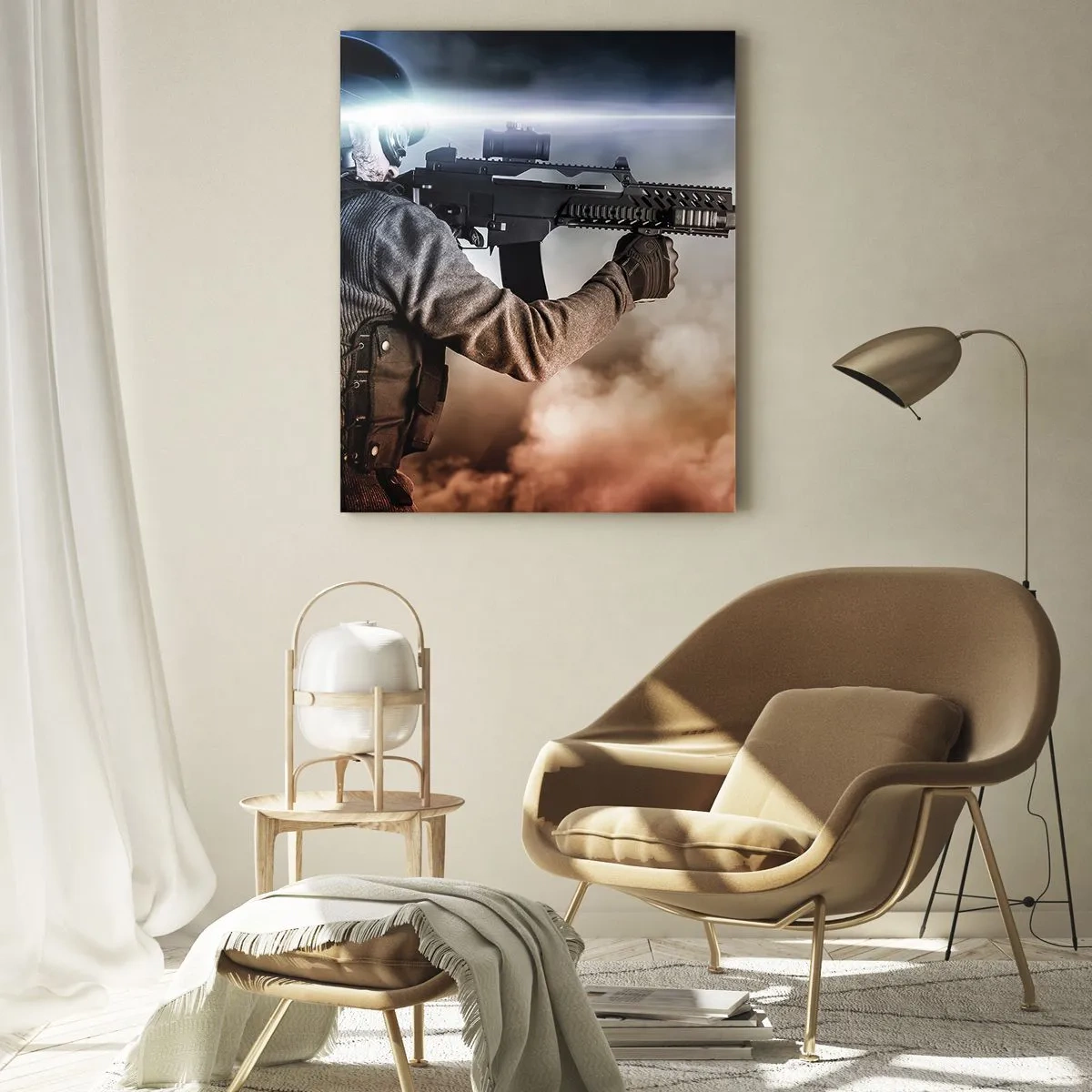 Glasbild - Bild auf glas - Ein Soldat im Einsatz, der vor einem Hintergrund aus Rauch ein Gewehr abfeuert. - 50x70cm - Nur ein Held - Moderne Wanddekoration für Wohnzimmer und Schlafzimmer ARTTOR