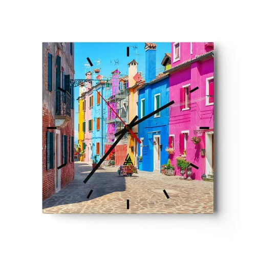 Wanduhr - Glasuhr - Bunte Gebäude in einer engen Stadtstraße - 30x30cm - Städtchen "Zu Papageien" - Moderne Wanddekoration für Wohnzimmer und Schlafzimmer ARTTOR