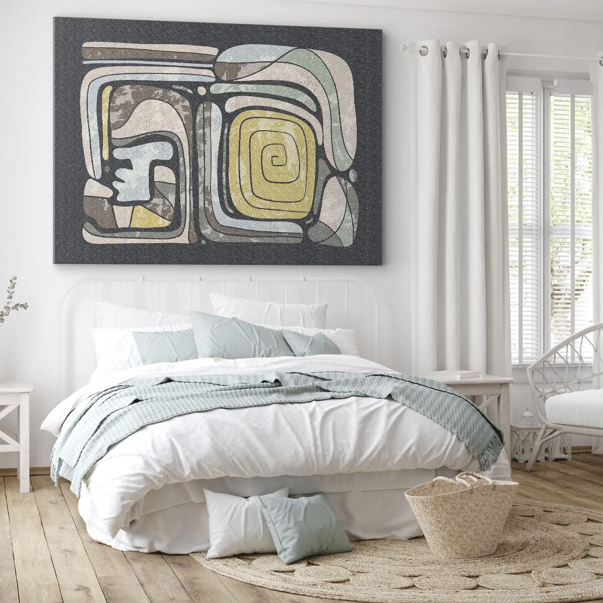 Bild auf Leinwand - Leinwandbild - Präkolumbianische Muster in Pastellfarben auf dunklem Hintergrund - 120x80cm - Abstraktion im präkolumbianischen Geist - Moderne Wanddekoration für Wohnzimmer und Schlafzimmer ARTTOR