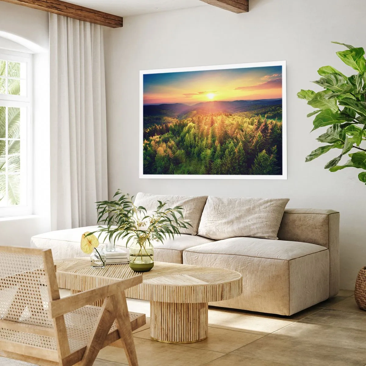 Poster - Waldlandschaft mit Sonnenuntergang über den Hügeln - 100x70cm - Scheitelpunkte und Spitzen - Moderne Wanddekoration für Wohnzimmer und Schlafzimmer ARTTOR