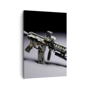 Bild auf Leinwand - Leinwandbild - Moderne Waffe in Tarnfarbe auf dunklem Hintergrund - 50x70cm - Immer bedrohlich - Moderne Wanddekoration für Wohnzimmer und Schlafzimmer ARTTOR