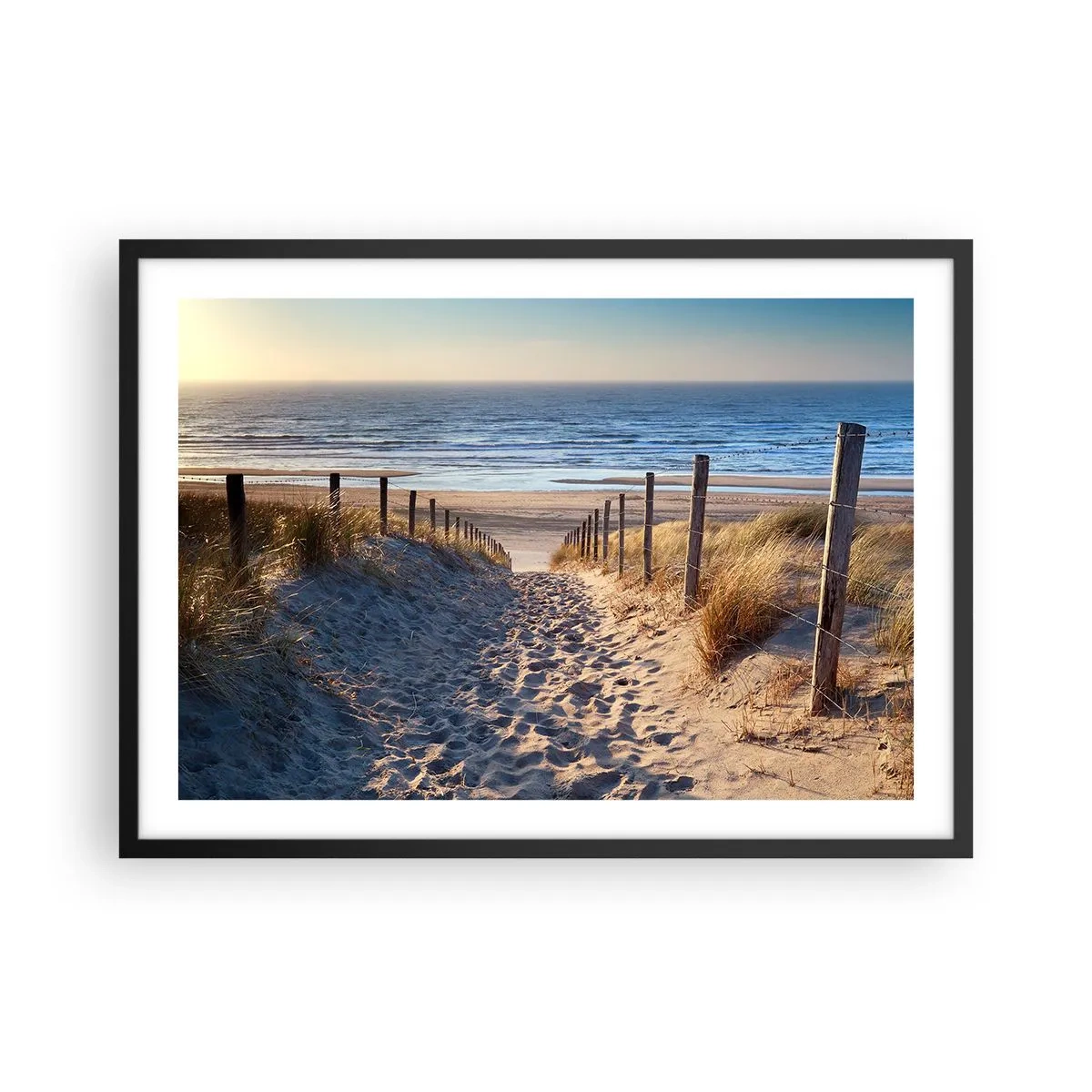 Poster in einem schwarzem Rahmen - Weg durch die Dünen zum Strand - 70x50cm - Das Rauschen des Meeres, der Gesang der Vögel, ein wilder Strand im Gras ... - Moderne Wanddekoration für Wohnzimmer und Schlafzimmer ARTTOR