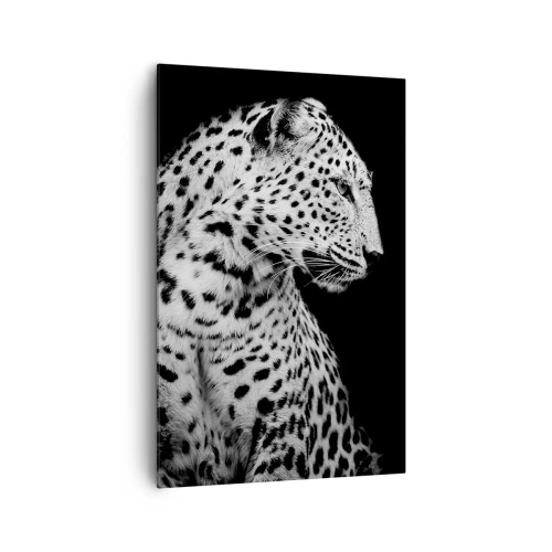 Bild auf Leinwand - Leinwandbild - Schwarz-Weiß-Bild eines Leoparden auf schwarzem Hintergrund - 80x120cm - Rechtes Profil perfekt! - Moderne Wanddekoration für Wohnzimmer und Schlafzimmer ARTTOR