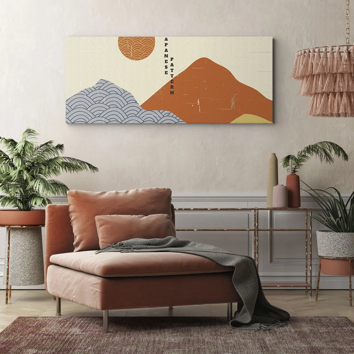 Bild auf Leinwand - Leinwandbild - Japanische Muster mit Bergen, Sonne und minimalistischem Stil - 120x50cm - Im japanischen Geist - Moderne Wanddekoration für Wohnzimmer und Schlafzimmer ARTTOR