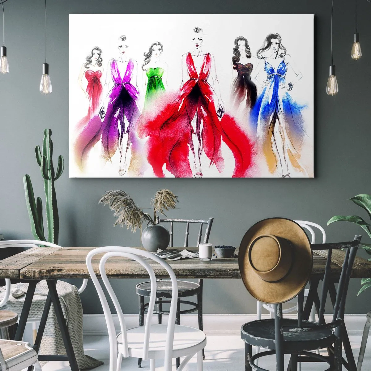 Bild auf Leinwand - Leinwandbild - Modeillustration mit Models in bunten Kleidern - 120x80cm - Stimmungen für Kostüme - Moderne Wanddekoration für Wohnzimmer und Schlafzimmer ARTTOR