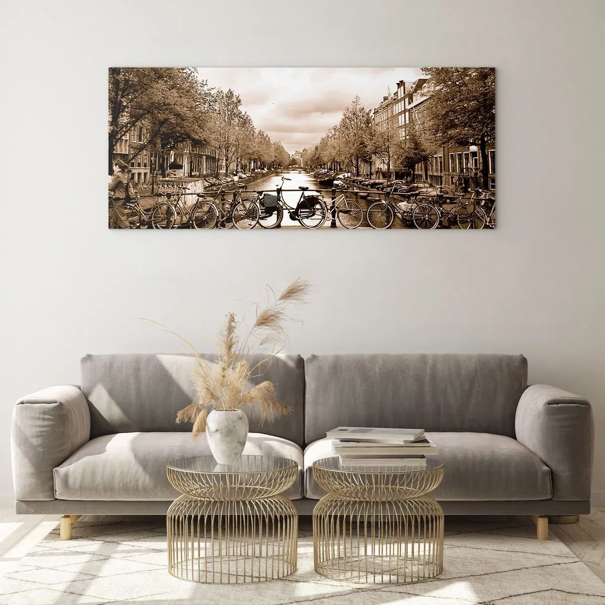 Glasbild - Bild auf glas - Fahrradbrücke über den Kanal in Sepia - 140x50cm - Niederländische Atmosphäre - Moderne Wanddekoration für Wohnzimmer und Schlafzimmer ARTTOR