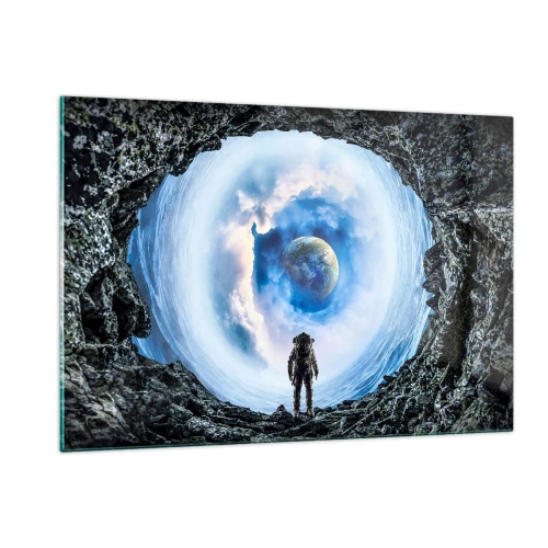 Glasbild - Bild auf glas - Ein Astronaut blickt aus einer Felsenhöhle auf die Erde. - 120x80cm - Es ist nicht weit von zu Hause - Moderne Wanddekoration für Wohnzimmer und Schlafzimmer ARTTOR