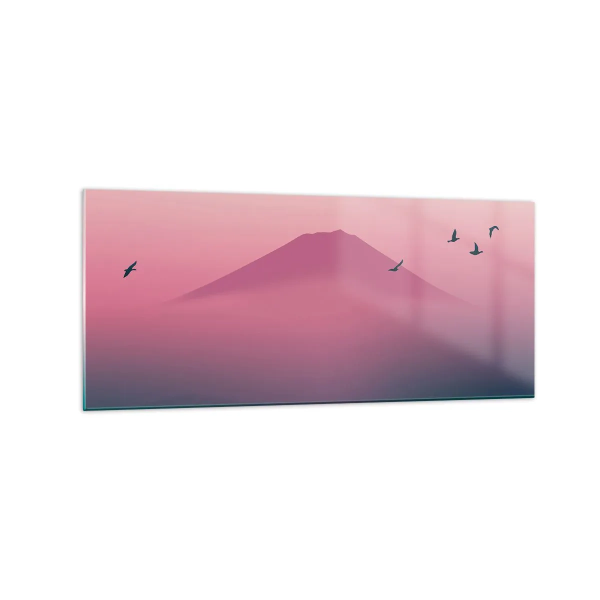 Glasbild - Bild auf glas - Eine minimalistische Landschaft mit einem Berg und Vögeln bei Sonnenaufgang - 120x50cm - Wanderer über den Wolken - Moderne Wanddekoration für Wohnzimmer und Schlafzimmer ARTTOR